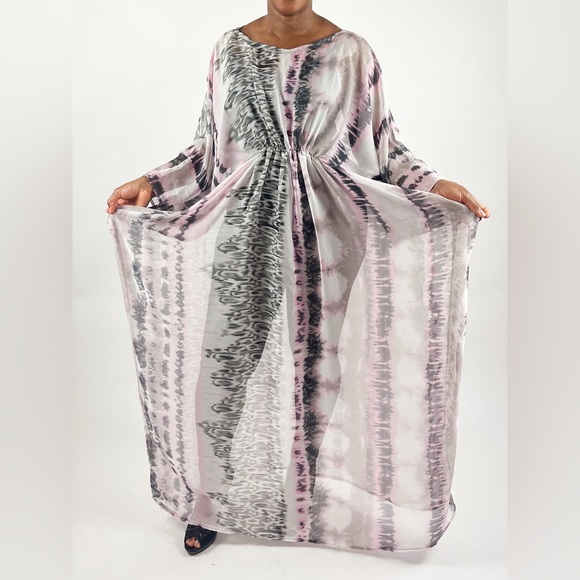 Pink and Gray Multicolor Abstract Animal Print Cinched Waist Sheer Chiffon Dress - Picture 2 of 6